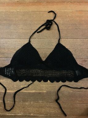 Black Crochet Halter Tank Crop Bikini Top Medium